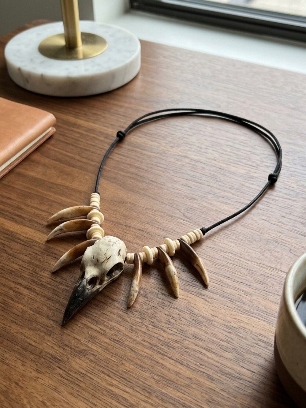 Mens Viking Raven Skull Necklace Bone Tooth Tribal Pendant Adjustable Cord
